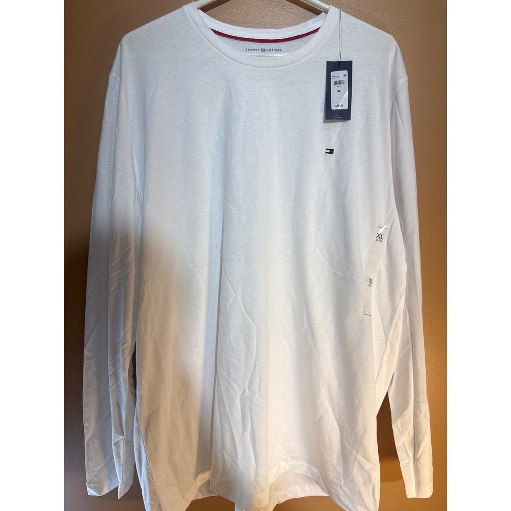 Tommy Hilfiger Mens XL White Long Sleeve Crewneck‎ Cotton T-Shirt NWT Flag Logo